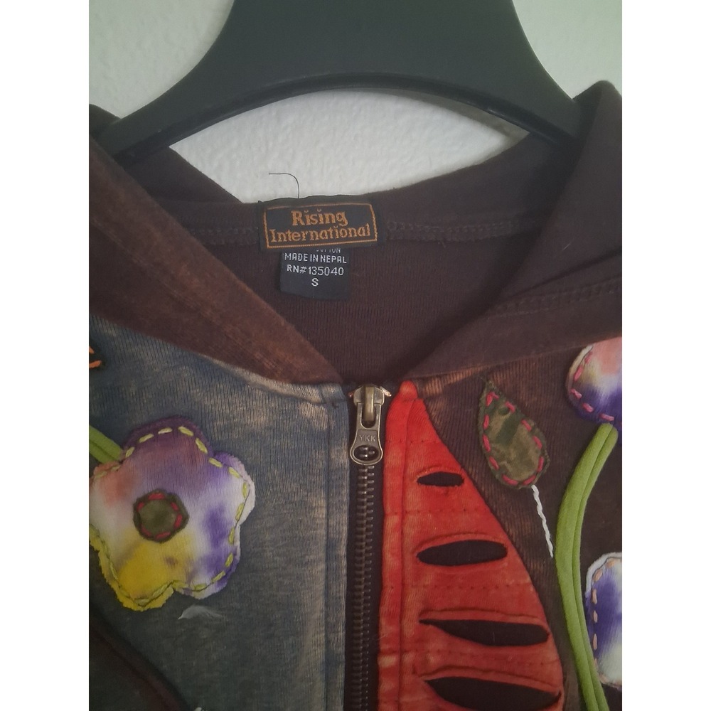 Rising International Patchwork Floral Razor Cut Hoodie Brown Cotton Jacket S - Picture 2 of 7